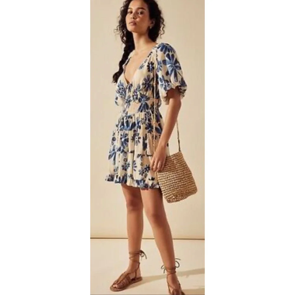 Free People Perfect Day Mini Dress Blue Floral Smocked Puff Sleeve Small